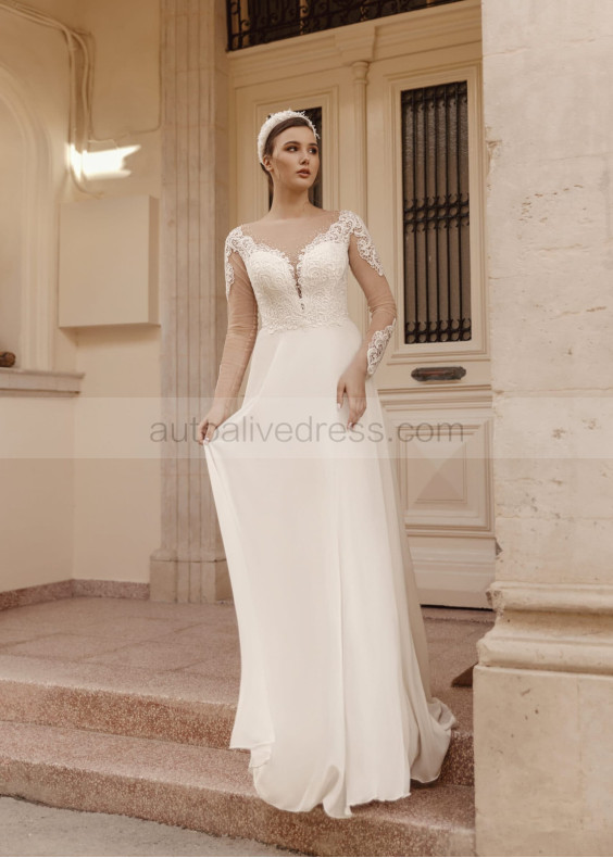 Long Sleeves Beaded Ivory Lace Chiffon Unusual Wedding Dress Long Sleeves Beaded Ivory Lace Chiffon Unusual Wedding Dress